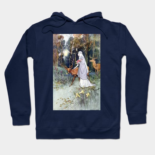 Woman Walking Through the Woods with a Timid Dun Deer - Warwick Goble Hoodie by forgottenbeauty